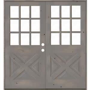 64 in. x 80 in. Knotty Alder 2-Panel Left-Hand/Inswing 1/2 Lite Clear Glass Grey Stain Double Wood Prehung Front Door
