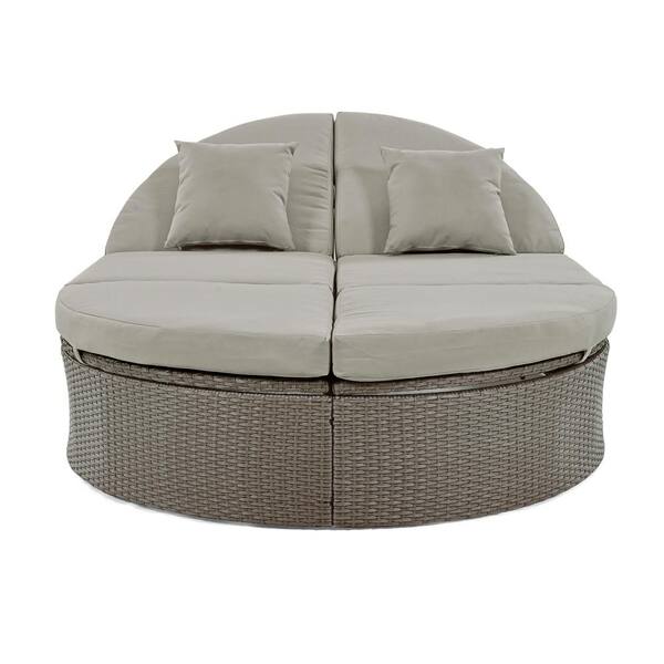 Rune say Luxury 2-Person Wicker Outdoor Day Bed with Gray Cushions and and Pillows, Adjustable Backrests and Foldable Cup Trays