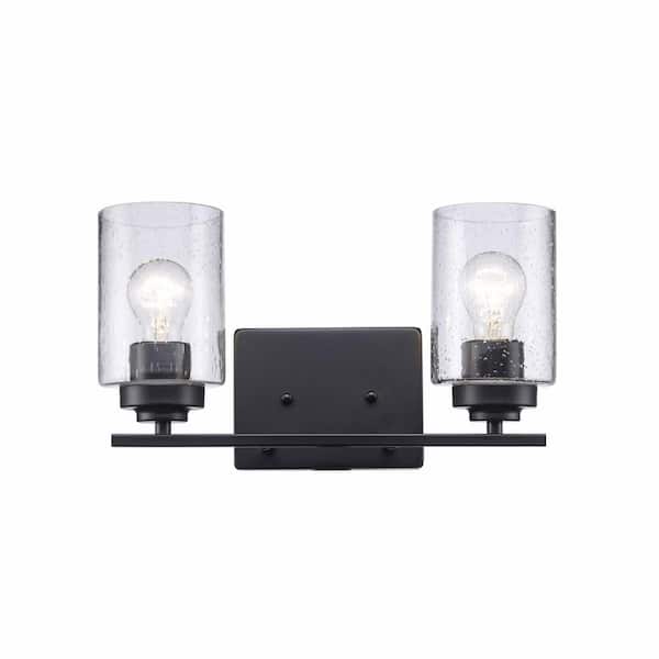 Bel Air Lighting Simi 14 in. 2-Light Black Bathroom Vanity Light Fixture with Seeded Glass Shades
