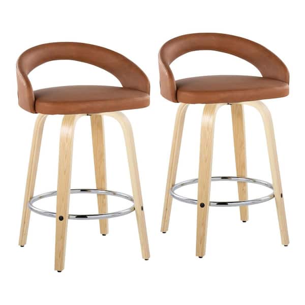 Grotto 25.25 in. Camel Faux Leather, Natural Wood, and Chrome Metal Fixed-Height Counter Stool (Set of 2)