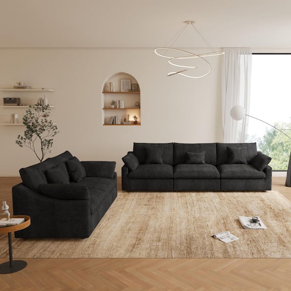 Modular Linen Fabric Down Filled Cloud Living Room Set 2 Seater and 3 Seater Sectional Sofa with Washable Cover in Black