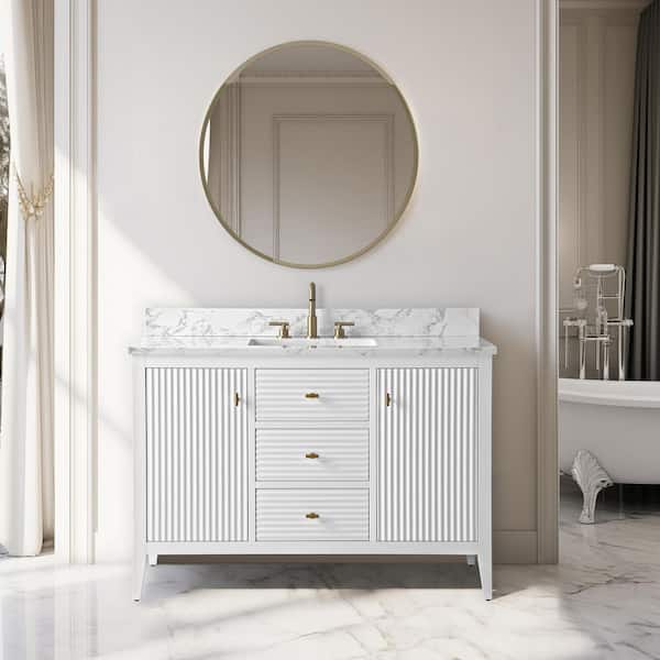 48 in. W x 22 in D x 38 in. H Single Sink Bath Vanity Cabinet in Linear White with White Engineered Marble Top