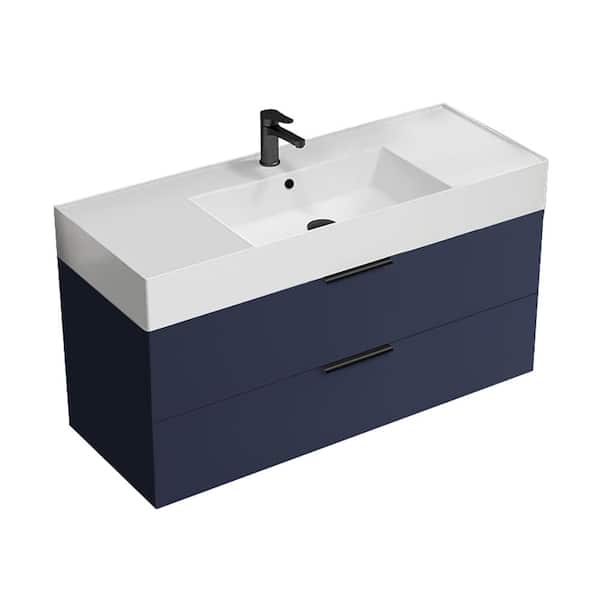 Nameeks Derin 47.64 in. W x 18.11 in. D x 25.2 in. H Modern Wall Mounted Bathroom Vanity in Night Blue with White Ceramic Top