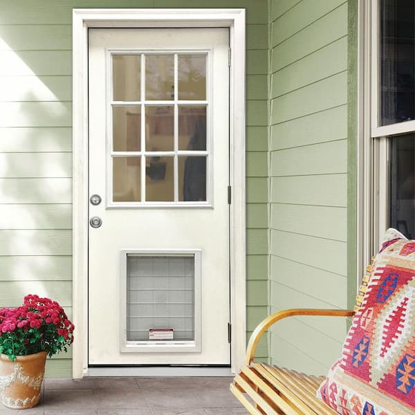 36 in. x 80 in. Reliant Series White Primed LHOS 9 Lite Fiberglass Prehung Back Door with Extra Large Pet Door