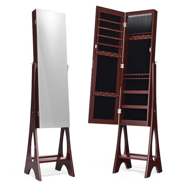 61 in. Rectangular Brown MDF Freestanding Jewelry Boxes with Mirror