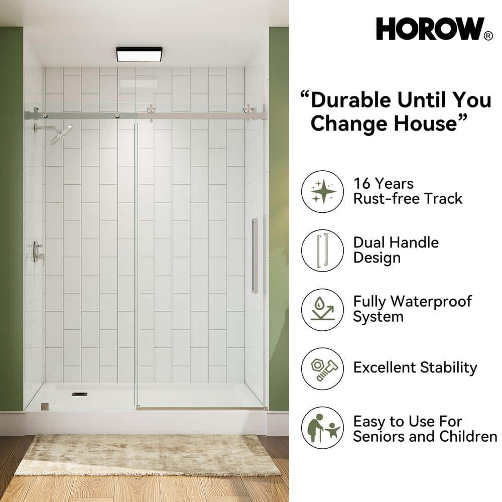 60" Frameless Clear Glass Sliding Shower Door with Brushed Nickel Finish