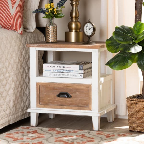 Baxton Studio Glynn 1-Drawer White and Oak Brown Nightstand (20.3 in. H x 18.5 in. W x 13.6 in. D)