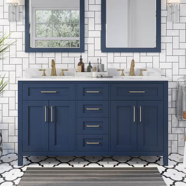 OVE Decors Tahoe 60 in. W x 21 in. D x 34 in. H Double Sink Bath Vanity in Midnight Blue with White Engineered Stone Top and Outlet