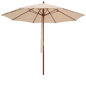 9.5 ft. Pulley Lift Round Market Patio Umbrella with Fiberglass Ribs in Beige
