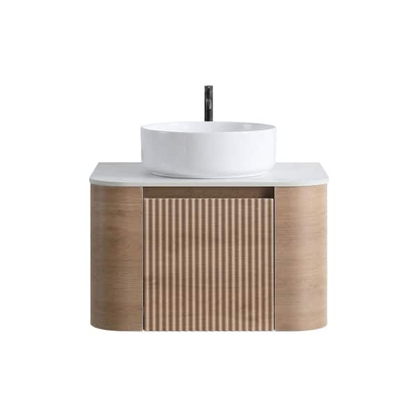 24" Wall-Mounted Bathroom Vanity with Sink, Honey Oak Cabinet, Single White Ceramic Basin with Towel Rack