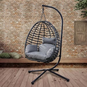 1-Person Metal Patio Swing Hanging Oval Egg Chair with Gray Cushion