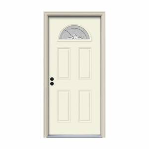 30 in. x 80 in. Fan Lite Langford Vanilla Painted Steel Prehung Right-Hand Inswing Front Door w/Brickmould