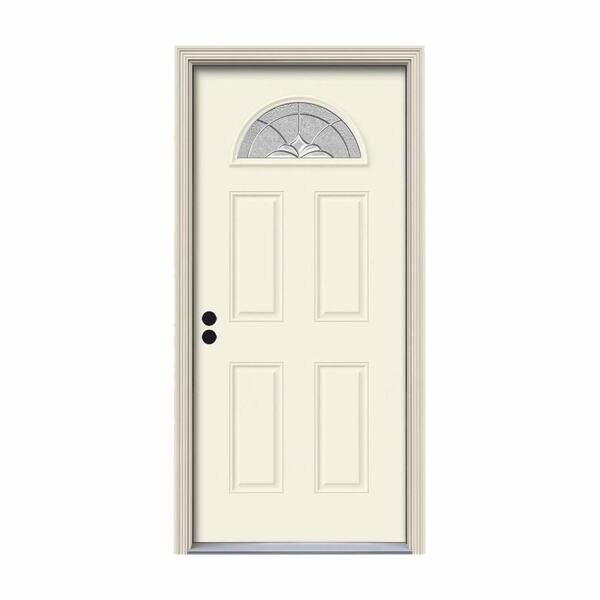JELD-WEN 30 in. x 80 in. Fan Lite Langford Vanilla Painted Steel Prehung Right-Hand Inswing Front Door w/Brickmould