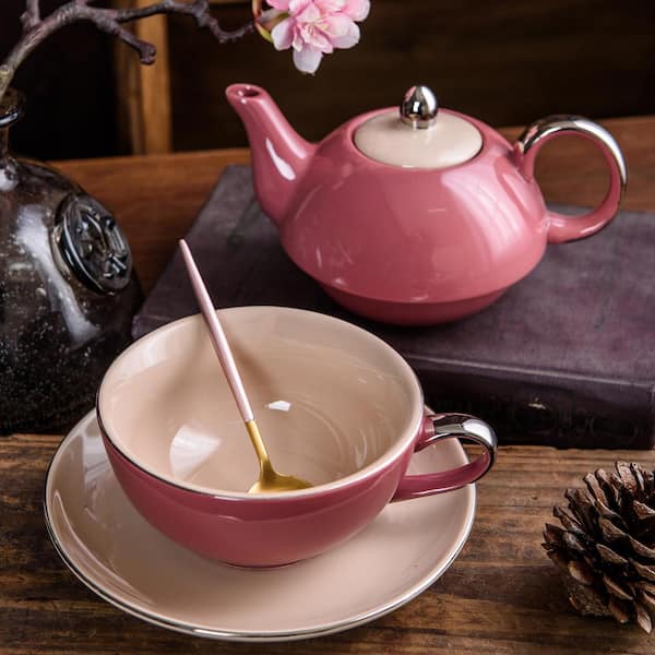 Artvigor 1-Piece Porcelain Tea Pot Pink Tea Pot Teacup and Saucer Set  ART-CC009 - The Home Depot