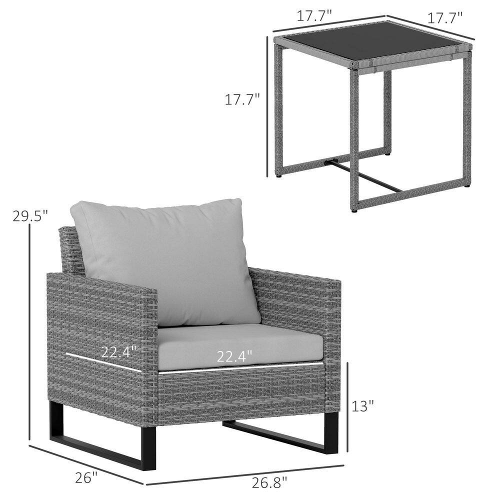 Gray Wicker Bistro Set with Cushions and Glass Table