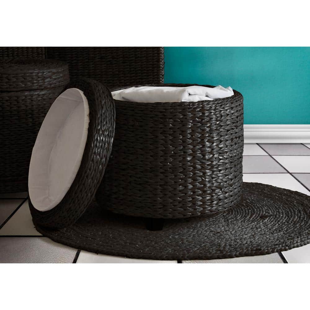 Round Black Rush Grass Storage Ottoman with Wood Frame