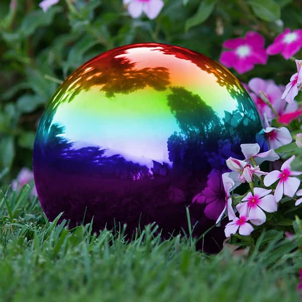 Gazing Mirror Ball Globe Outdoor Yard Garden Decoration, Stainless Steel (8 in. Rainbow)