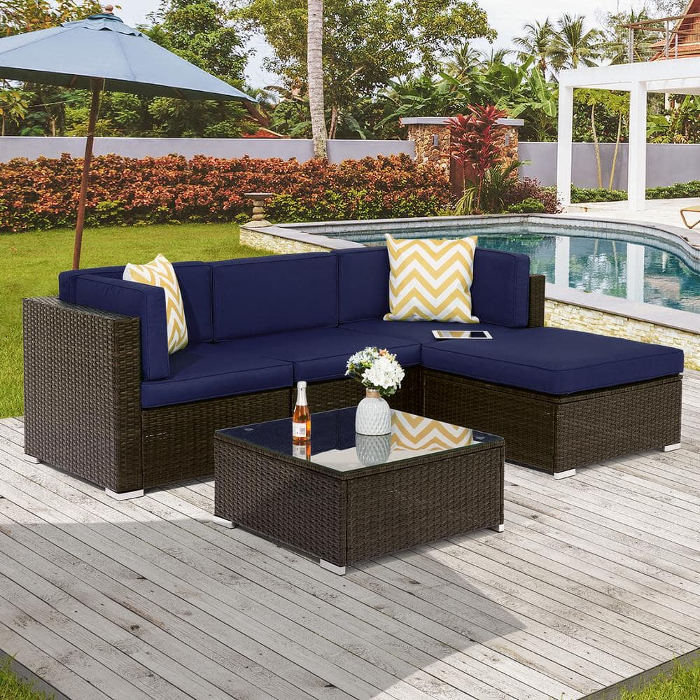 JOYESERY 5-Pieces PE Rattan Wicker Outdoor Conversation Sectional Sofa ...