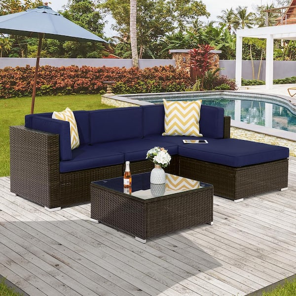 JOYESERY 5-Pieces PE Rattan Wicker Outdoor Conversation Sectional Sofa Sets Sofa Sets With Tempered Glass Table in Navy Blue