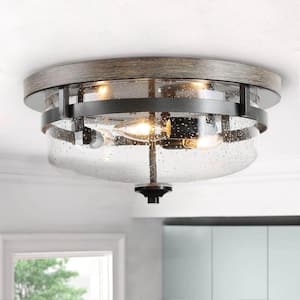 13.5 in. 3-Light Bronze Flush Mount Ceiling Light with Drum Clear Seeded Glass Shade and Round Faux Aged Wood Plate
