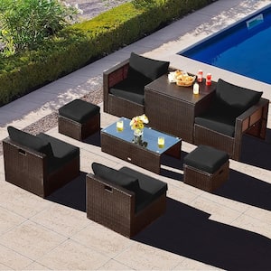 8-Piece Patio Rattan PE Wicker Conversation Set All-Weather Furniture Set with Cushions Black