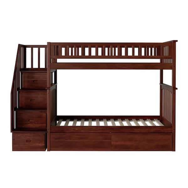 Columbia Walnut Twin over Twin Heavy Duty Wood Staircase Bunk Bed with 2-Under Bed Storage Drawers