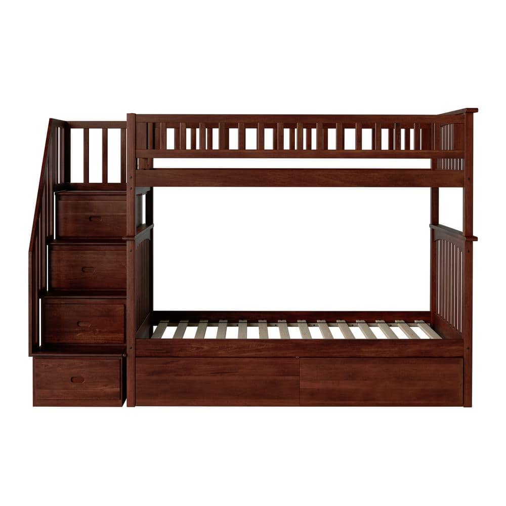 AFI Columbia Walnut Twin over Twin Heavy Duty Wood Staircase Bunk Bed