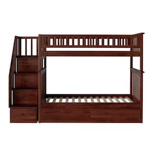 Columbia Walnut Twin over Twin Heavy Duty Wood Staircase Bunk Bed with 2-Under Bed Storage Drawers