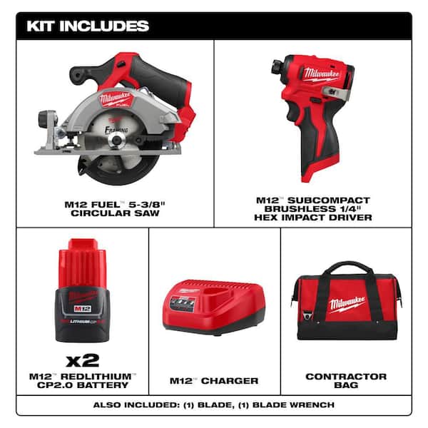 M12 FUEL 12V Lithium-Ion Brushless 5-3/8 in. Cordless Circular Saw, & Impact Driver Kit