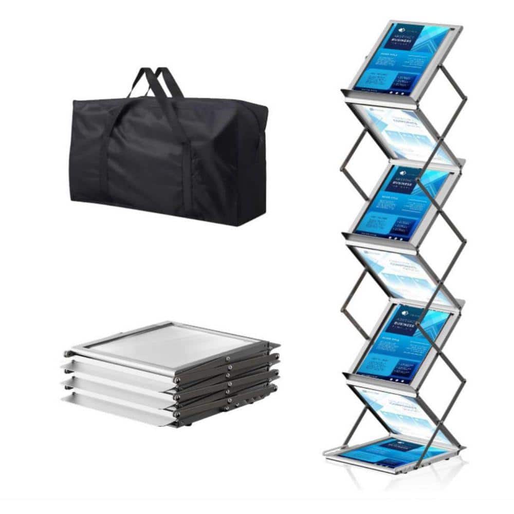 Modular Magazine Rack Sizes Silver, 14.4 in. x 10.2 in. x 59 in., 6-Pocket Foldable Aluminum ...