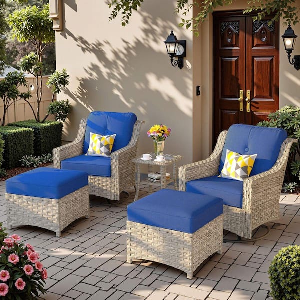 Eureka Grey 5-Piece Modern Wicker Outdoor Patio Conversation Swivel Rocking Chair Seating Set with Navy Blue Cushions