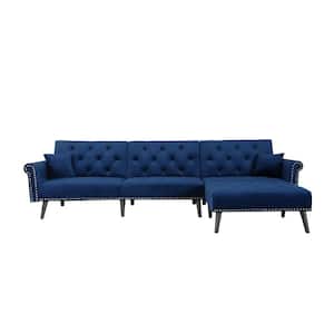 Medieval Convertible 115 in. Blue Solid Velvet Full Size Sofa Bed