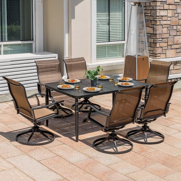 Black 7 Pieces Textilene and Metal Rectangle Outdoor Dining Set with 6 Swivel Chairs and Umbrella Hole