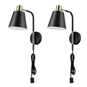 1-Light Plug-in/Hardwired Wall Sconce, Matte Black Industrial Swing Arm Wall Lighting for Bedside Living Room(2 Pack)