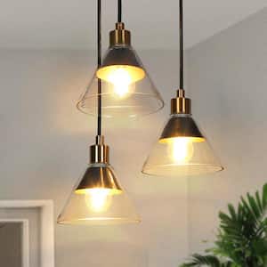 Modern Kitchen Island Chandelier, 3-Light Black and Brass Torch Dining Room Pendant Light with Clear Glass Shades