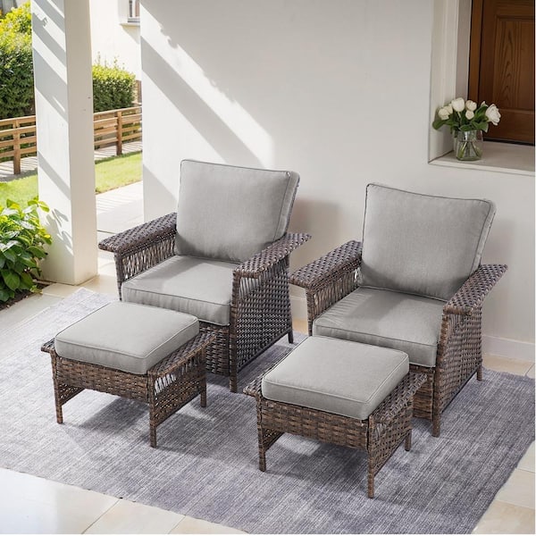 Gymojoy StLouis 4-Piece Brown Wicker Outdoor Lounge Chair Set with Gray Cushion(Includes 2 Chairs and 2 Ottomans)