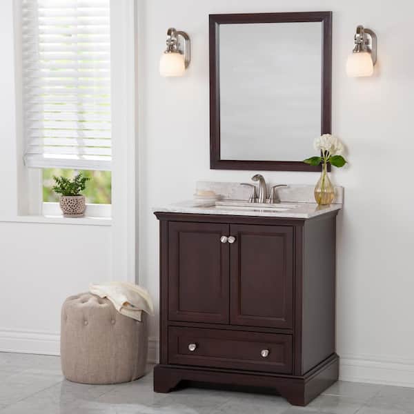 Home Decorators Collection Stratfield 31 in. W x 22 in. D x 39 in. H Single Sink  Bath Vanity in Chocolate with Winter Mist  Stone Composite Top
