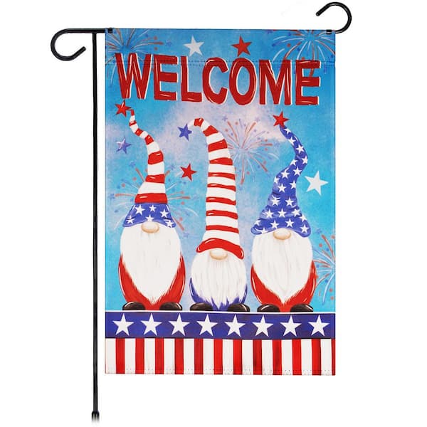 G128 1 ft. 1.5 ft. Polyester Welcome 3 Patriotic Gnomes Garden Flag 2-Sided Printed Blockout