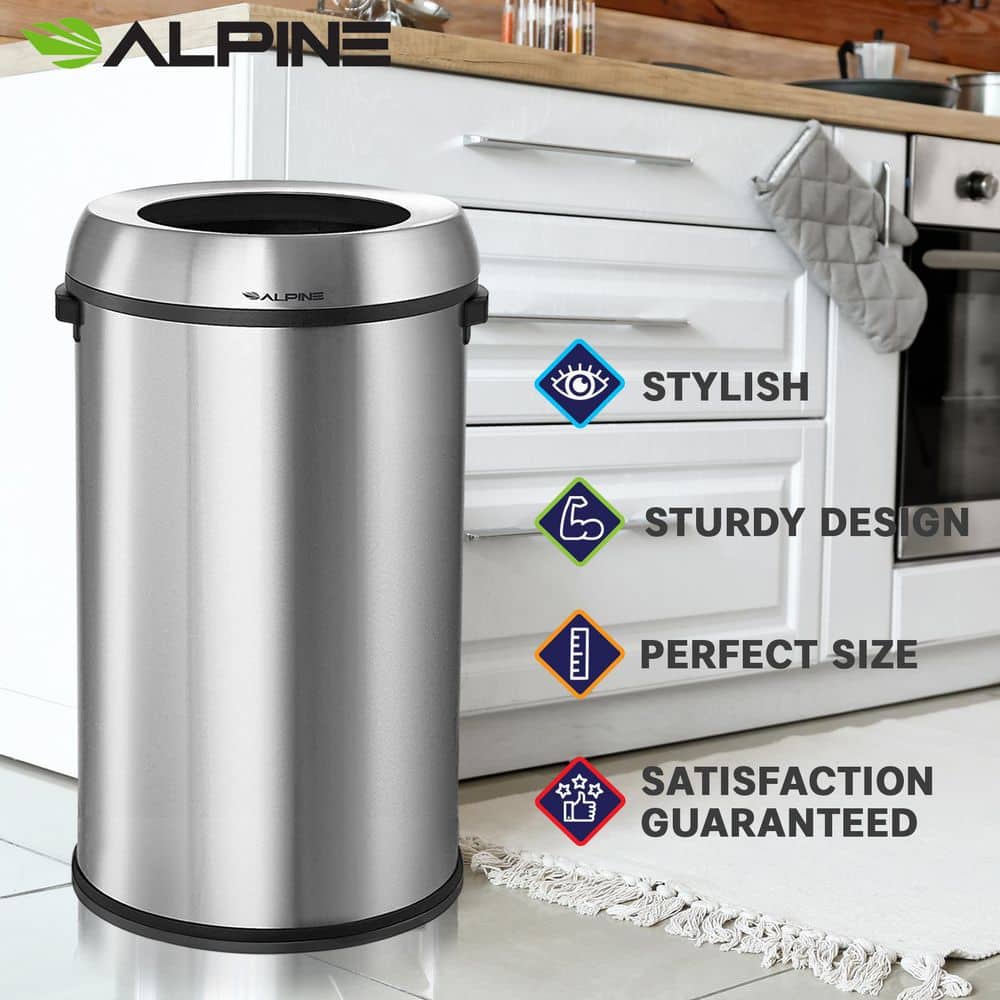 17-Gallon Stainless Steel Open Top Trash Can with Black Ring, 2-Pack