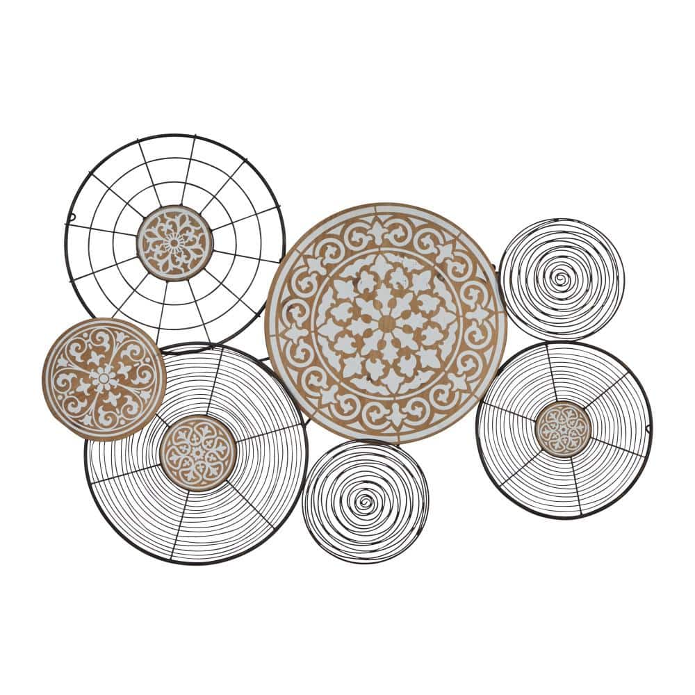 Boho Black and Beige Metal and Pinewood Circle Wall Sculpture