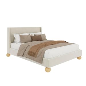Cream White Wood Frame Queen Size Velvet Upholstered Platform Bed