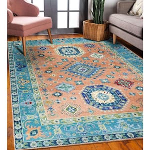 Rust/S.BLUE 10 ft. x 14 ft. Hand Knotted Wool Traditional Kazak Collection Rug Area Rug