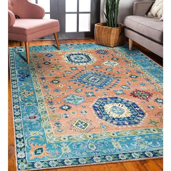 Rust/S.BLUE Hand Knotted Wool Traditional Kazak Collection Rug, 10' x 14', Area Rug