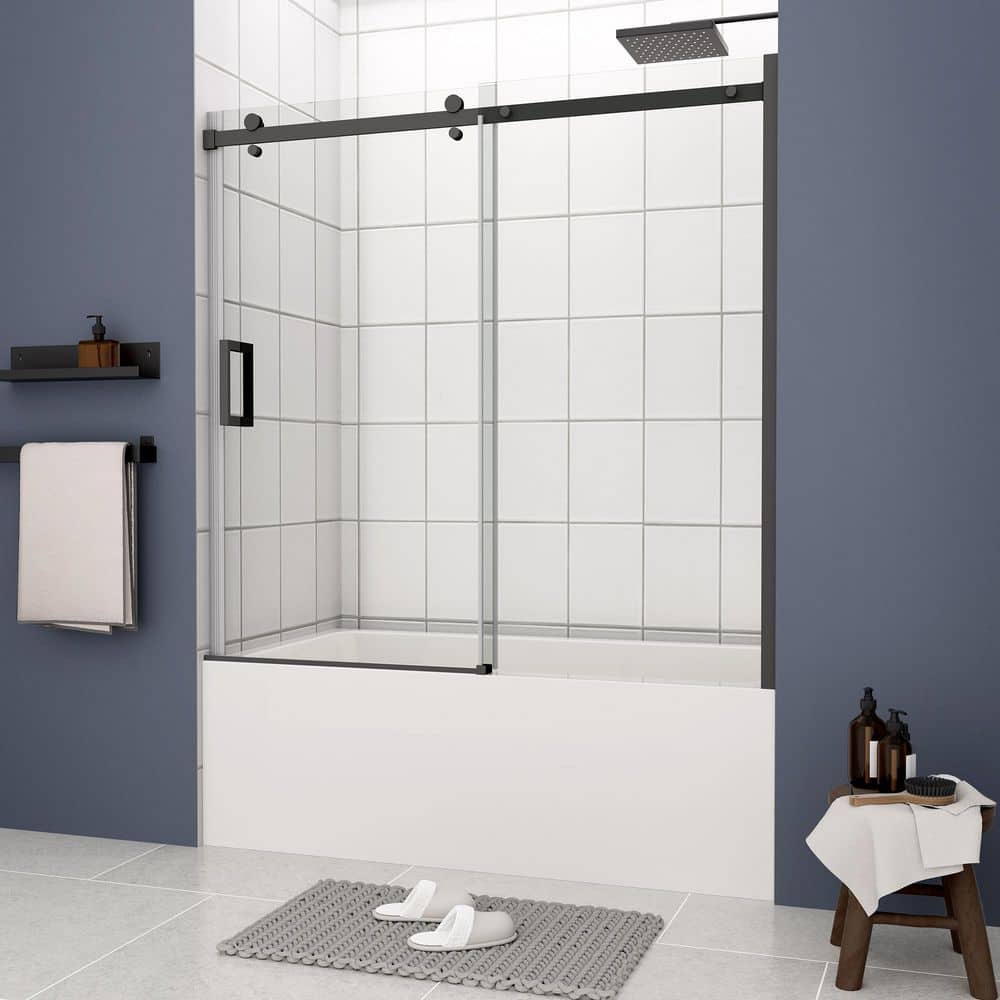 60 in. W x 58 in. H Single Sliding Frameless Tub Door in Matte Black with Clear Glass price history on PriceWatchPro