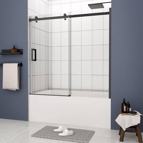 60 in. W x 58 in. H Single Sliding Frameless Tub Door in Matte Black with Clear Glass