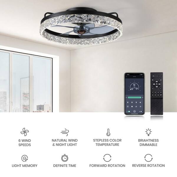FANNEHONNE 19.6 in. Indoor Black Crystal Low Profile Ceiling Fan
