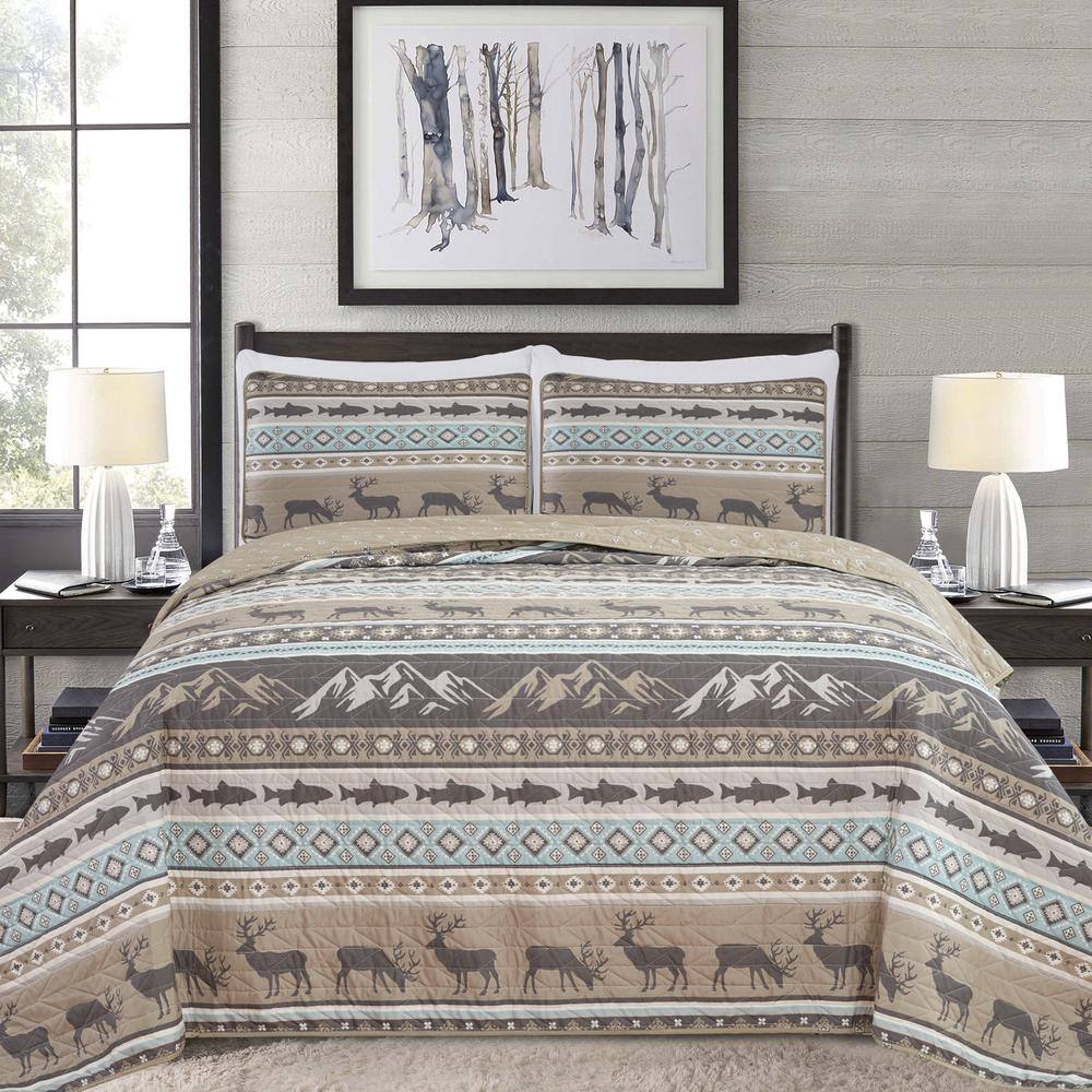 King Brown Microfiber Reversible Cabin Lodge Quilt Set