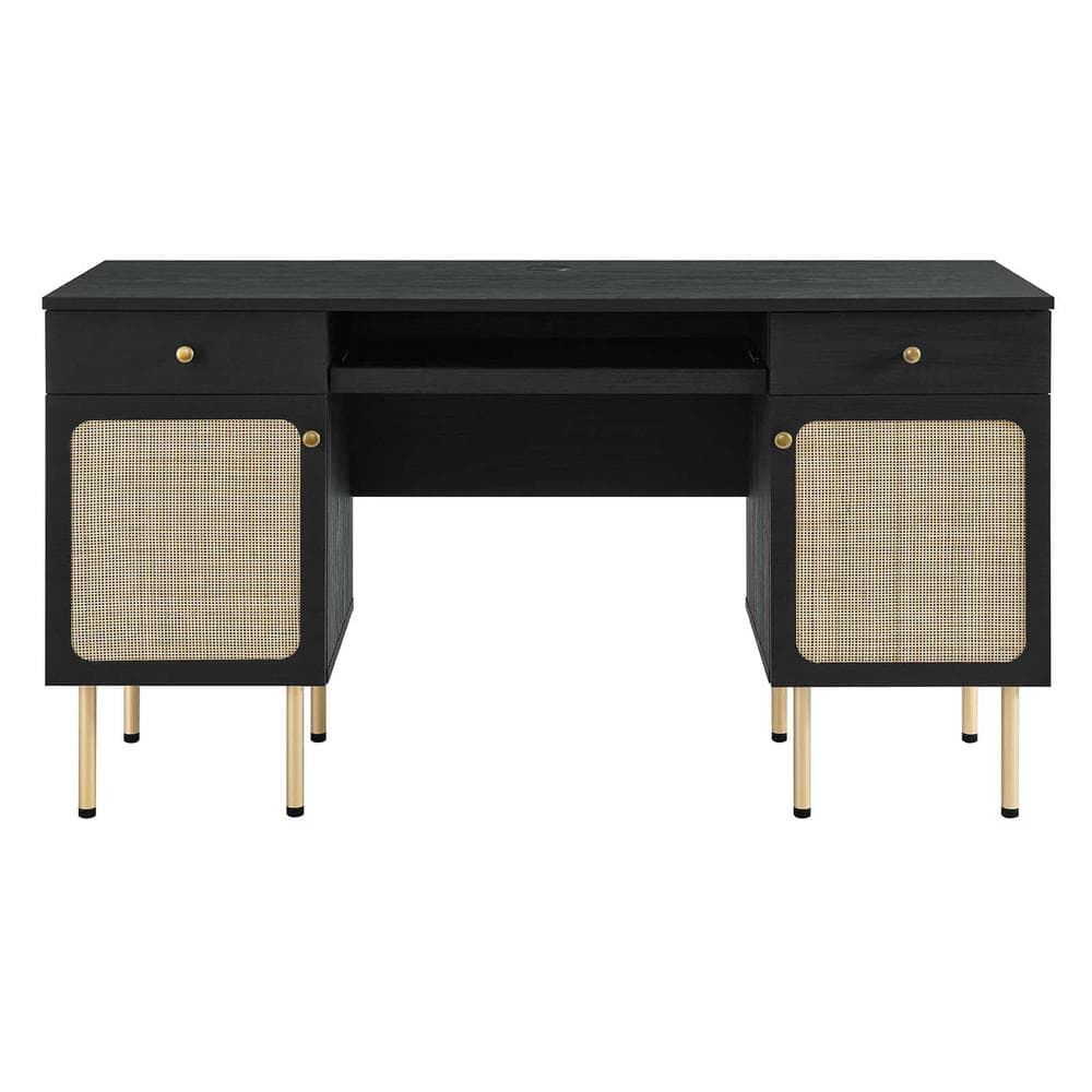 Executive Black Wood Desk with Rattan Weave Drawers and Keyboard Tray