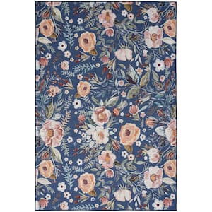 Washables Navy Multicolor 4 ft. x 6 ft. Botanical Traditional Area Rug