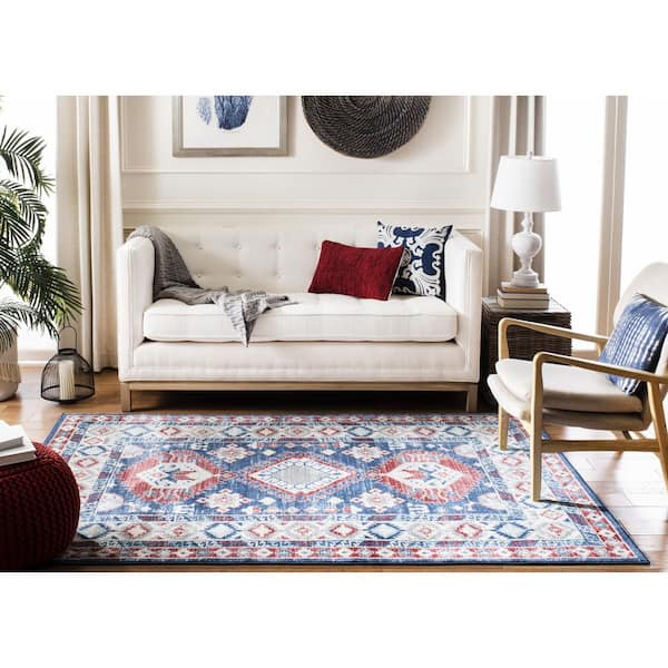 ラヴィ FC柄サテン地ネイビー&レッド SAFAVIEH Kazak Navy/Red 9 ft. x 12 ft. Border Persian Oriental